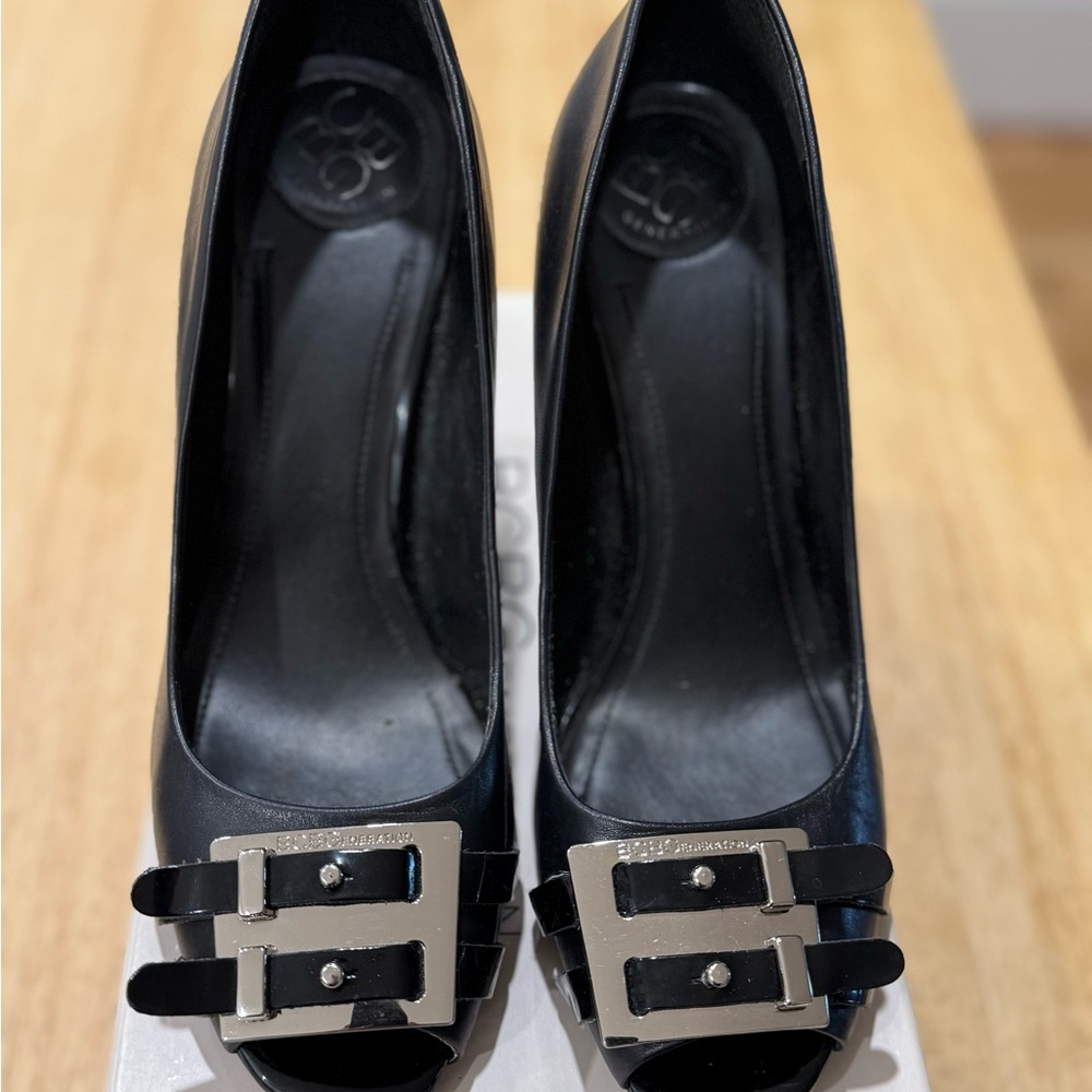 BCBGeneration Black Peep-Toe Heels with Silver Buckle